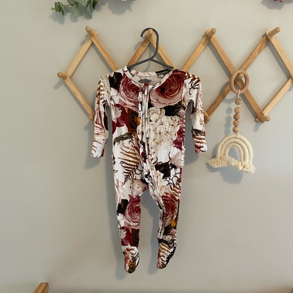 Posh Peanut Black Rose Ruffle Zippered Footie